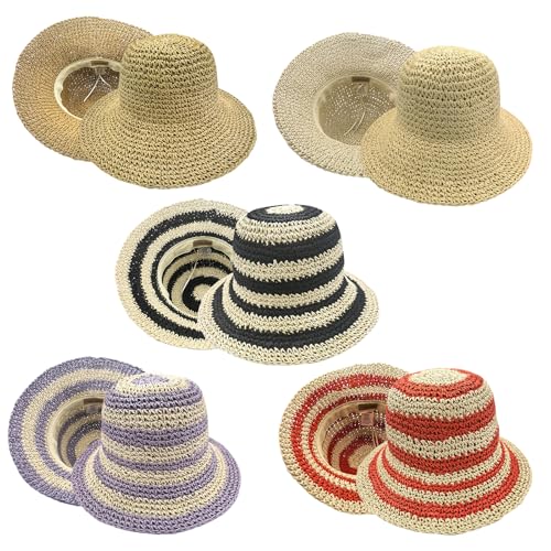Woven Straw Hat for Women Foldable Summer Beach Hat Wide Brim Floppy Bucket Hat - color: Orange/Beige
