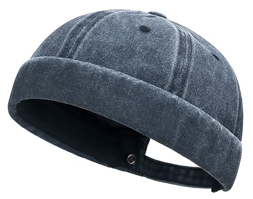 DIYDECAL Vintage Washed Cotton Sailor Docker Cap for Men, Brimless Skull Cap with Classic Retro Style - color: Navy Blue