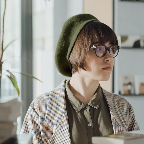 Gllutt Women Wool Beret Hat French Style Solid Color - color: Olive Green