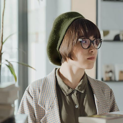 Gllutt Women Wool Beret Hat French Style Solid Color - color: Olive Green