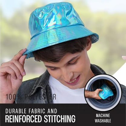 Rave Bucket Hat for Women & Men - Cute Bucket Hats - Festival Hat Adjustable 50+ SPF Protection Rave Accessories - color: Holographic Blue