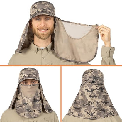 SUN CUBE Fishing Sun Hat with Neck Flap & Face Cover, Wide Brim UPF50+ Cap - color: Camo Grey