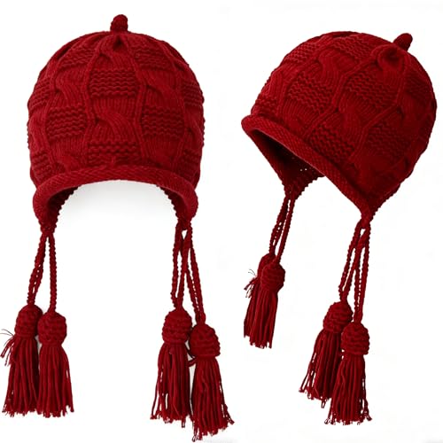 Cute Winter Crochet Knitted Beanie Hat for Women Red Hat Tassel Earflap Chunky Hat Outdoor Braid Skull Caps