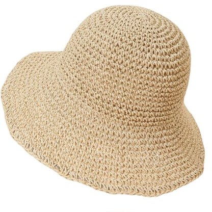Women Straw Sun Hat Summer Beach Hats Foldable Floppy Cap Wide Brim Bucket Hat Solid Handmade Sun Protection Caps - color: Beigea