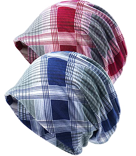 XYIYI Womens Chemo Headwear Hats Cotton Slouchy Beanie Cap Scarf - color: 2pcs Checkered Pink Blue-y