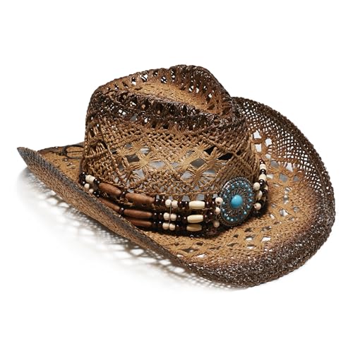 YOUBADU Western Straw Cowboy and Cowgirl Hats with Decorative Bands - Unisex Wide Brim Raffia Style Sun Hat - color: Brown With Beads, size: One Size-Large