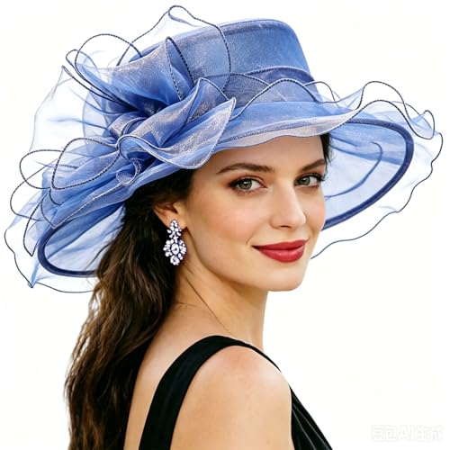 DRESHOW Women Organza Hat Church Cap Hats Clearance Kentucky Derby Cocktail Tea Party Wedding Flower Hat with Wide Brim - color: Bow Hat: Navy
