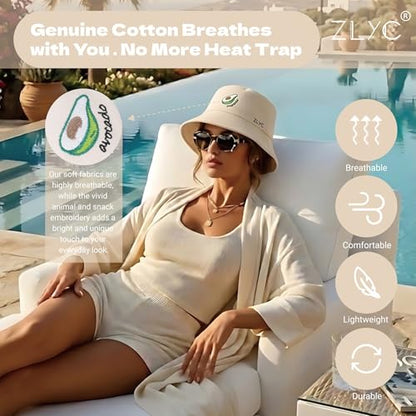 ZLYC Cotton Bucket Hat for Women Men Embroidered Packable Summer Sun Cap - color: Butterfly Khaki