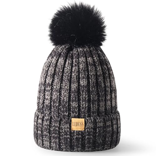 REDESS Womens Winter Knitted Beanie Hat Warm Fleece Lined with Pompom Cap Thick Slouchy Snow Knit Skull Ski Cap - color: Black&grey
