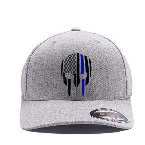 G&B Red Thin Red/Blue Line Spartan Helmet & Distressed Skull Flex Baseball Cap. Embroidered. 6277/6477 Flex Baseball Hat - color: Heather Grey, size: Small-Medium