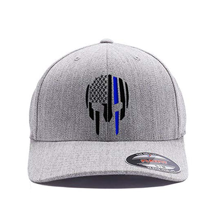 G&B Red Thin Red/Blue Line Spartan Helmet & Distressed Skull Flex Baseball Cap. Embroidered. 6277/6477 Flex Baseball Hat - color: Heather Grey, size: Small-Medium