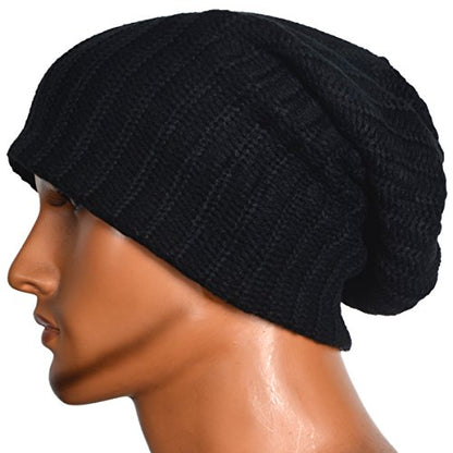 VECRY Mens Slouchy Beanie Knit Skull Cap Long Baggy Hip-hop Winter Summer Hat B305 - color: Ribbed-black, size: Large