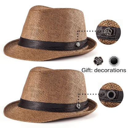 XL Straw Fedora Hats for Men Summer Trilby Beach Travel Panama Casual 7 1/2 - color: Coffee