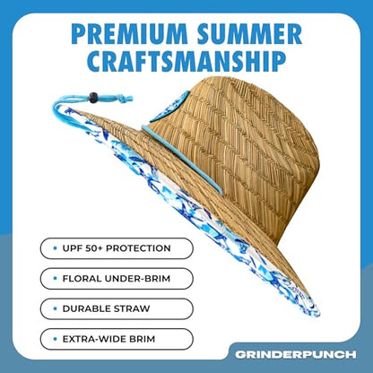 grinderPUNCH Straw Sun Hat for Men Women Wide Brim Beach Fishing UPF 50 - color: White & Blue Floral