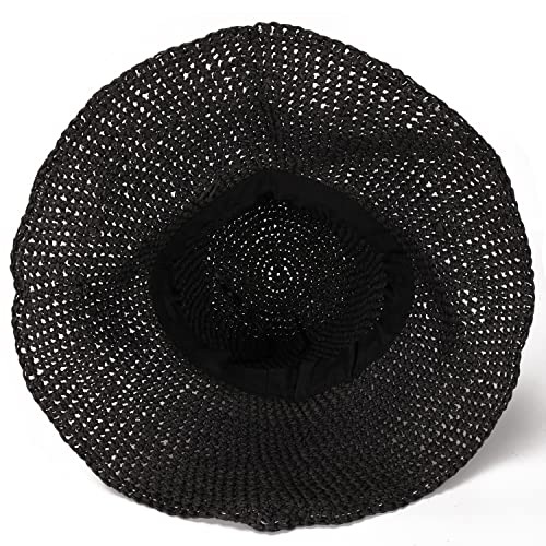 Womens Sun Hats Wide Brim Summer Beach Hat for Women Foldable Travel Straw Hat UPF50+ - color: A-black