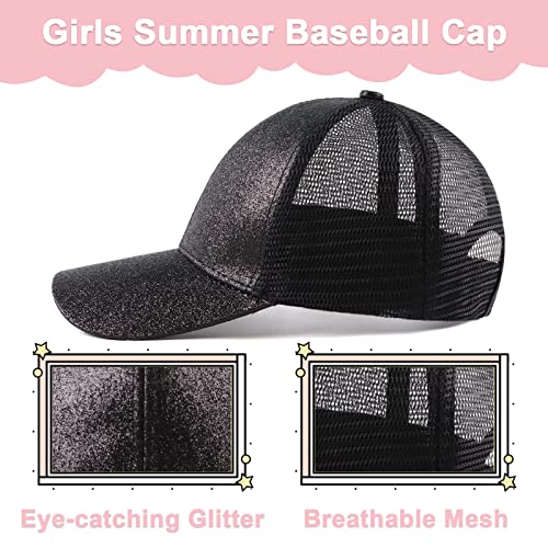 Zsedrut Girls Glitter Baseball Cap Kids Adjustable Ponytail Hat Toddler Summer Mesh Trucker Hats - color: Black