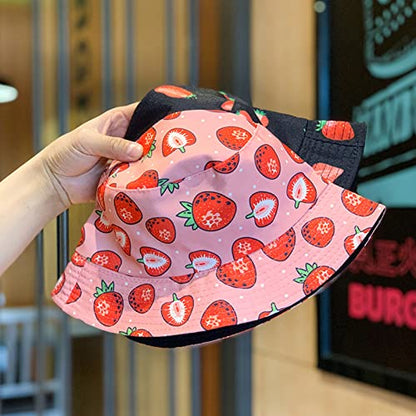 Unisex Print Bucket Hat Sun Hat for Women Men,Reversible Cotton Summer Beach Hat Fisherman Hat - color: Strawberry