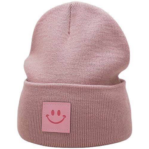 55cube Unisex Knit Cuffed Beanie Hats Warm Winter Caps with Leather Logos - color: Baby Pink