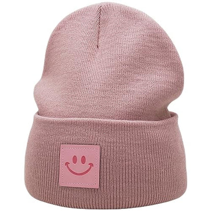 55cube Unisex Knit Cuffed Beanie Hats Warm Winter Caps with Leather Logos - color: Baby Pink
