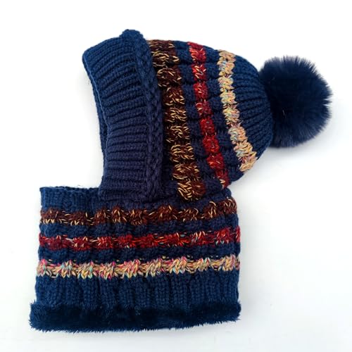 HUAMULAN Women Winter Knit Beanie Hats One Piece Fleece Lined Balaclavas - color: Navy + Colorful Stripe