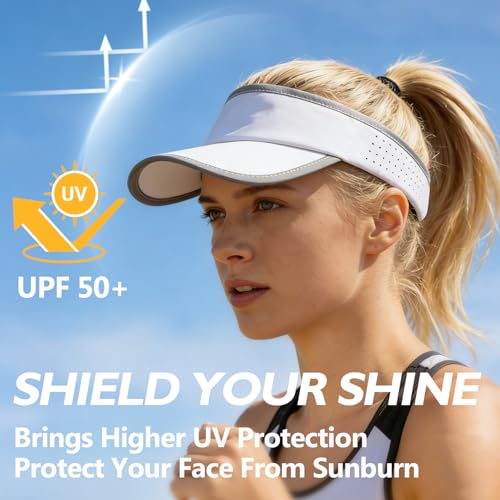 BEARAE Sun Visor Hats for Women, Adjustable UV Protection Womens Sun Hat, Wide Brim Hats Golf Sports Cap for Women Ponytail - color: White + Light Grey