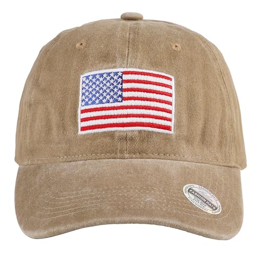 Falari USA Flag Embroidered Baseball Cap, Low Profile Adjustable Dad Hat, 100% Cotton, Pre-Washed - color: Khaki