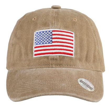 Falari USA Flag Embroidered Baseball Cap, Low Profile Adjustable Dad Hat, 100% Cotton, Pre-Washed - color: Khaki