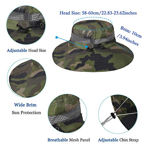 ZLYC Men Waterproof Camo Sun Hat Wide Brim Mesh Fishing Bucket Hat - color: Camo Dark Green