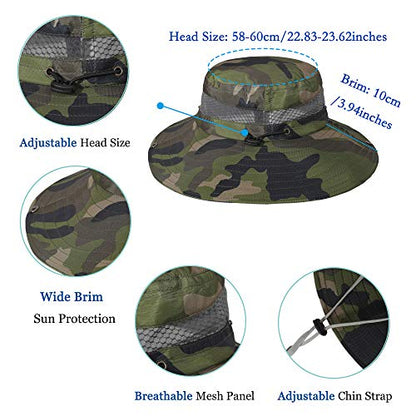 ZLYC Men Waterproof Camo Sun Hat Wide Brim Mesh Fishing Bucket Hat - color: Camo Dark Green
