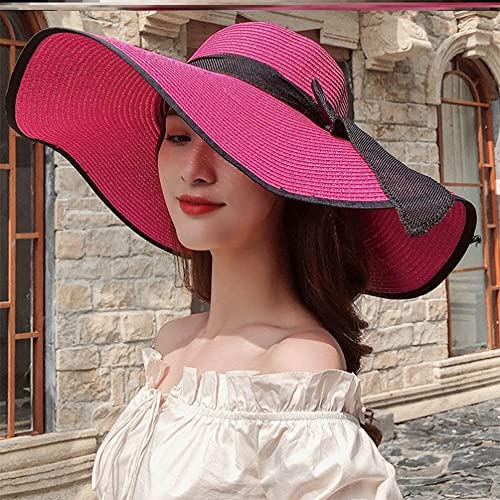 FSIGOM Women's Folable Floppy Hat,Wide Brim Sun Protection Straw Hat, Summer UV Protection Beach Cap - color: C1-e-rose Red, size: Large