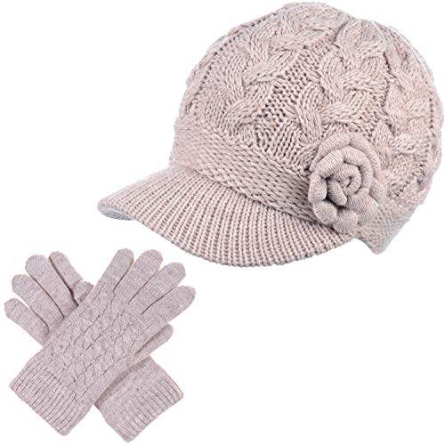 Womens Winter Elegant Cable Flower Knitted Newsboy Cabbie Cap Beret Beanie Hat with Visor, Warm Plush Fleece Lined - color: Lt. Beige Cable Flower-hat Gloves Set