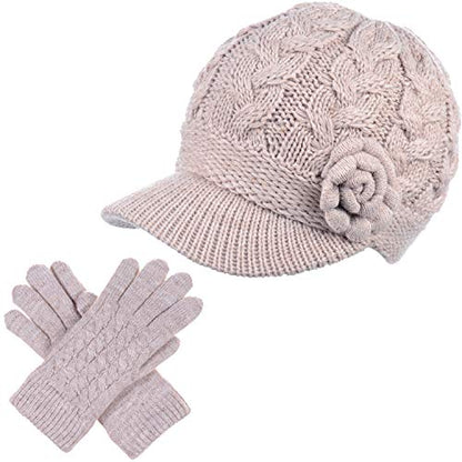 Womens Winter Elegant Cable Flower Knitted Newsboy Cabbie Cap Beret Beanie Hat with Visor, Warm Plush Fleece Lined - color: Lt. Beige Cable Flower-hat Gloves Set