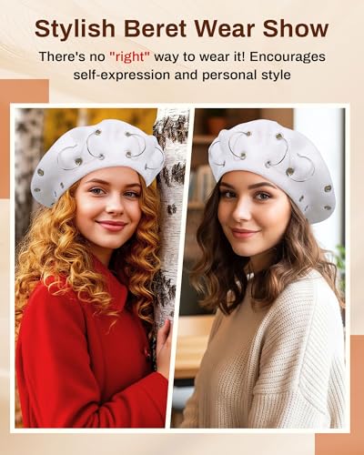 AWAYTR Punk Beret Hat for Women - 90% Wool Blend Goth Alt French Cap - color: White