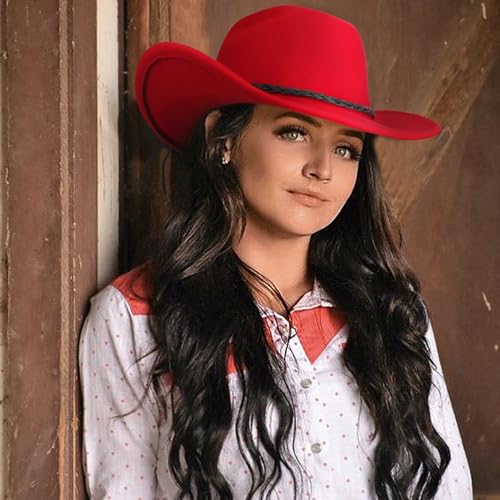DRESHOW Western Cowboy Hat for Men Women Cowboy Cowgirl Hat Outdoor Wide Brim Retro Felt Fedora Hats Unisex Rolled up Caps - color: 1 Pack Style 8: Red