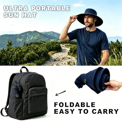 Fishing Sun Hat for Men UPF 50+ Wide Brim Boonie Hats for Summer - color: Navy Blue