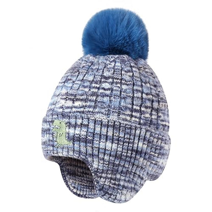 FENELY Girls Boys Winter Hat 3-12, Children's Warm Knitted Earflaps Beanie with Pom Pom Thicken Fleece Lining Cap for Kids - color: Blue-dinosaur