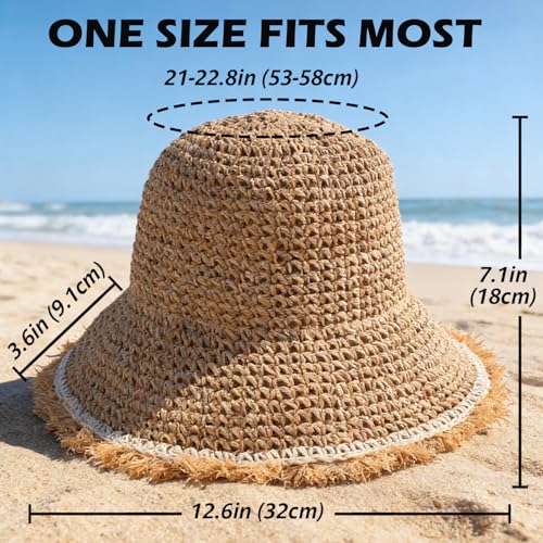 Women's Straw Bucket Sun Hat, Packable Floppy Wide Brim Beach Hat - color: Khaki