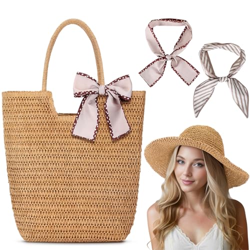 4 Pcs Women's Beach Straw Hats Woven Tote Bags French Silk Scarf Straw Set for Summer Travel