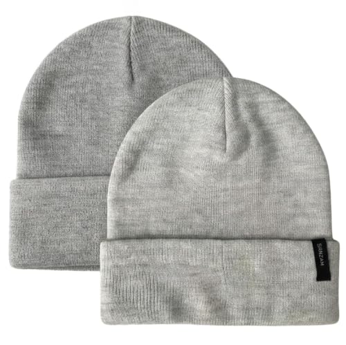 2 Pack Beanie for Men Women Warm Knit Winter Hat Soft Cuffed Cap - color: Heather Grey + Light Grey