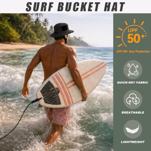 Surblue Surf Bucket Hat with Widened Chin Straps UPF 50+ Windproof Sun Hat Adjustable Packable Cap for Water Sports Surfing - color: Black