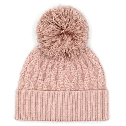 C.C Lurex Cable Pom Beanie for Women - Stretchable Soft Warm Knit Winter Skully Hat with Yarn Pom - color: Rose / Rose Metallic