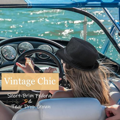 Classic Short Brim Fedora Summer Beach Trilby Hat - color: Black Band-black
