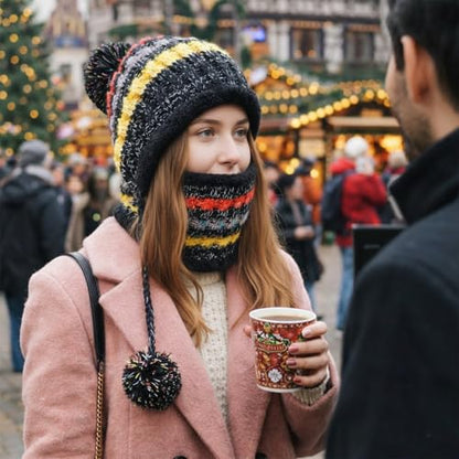 HUAMULAN Women Winter Knit Beanie Hat Circle Scarf Set Pompoms Ear Flaps - color: Black