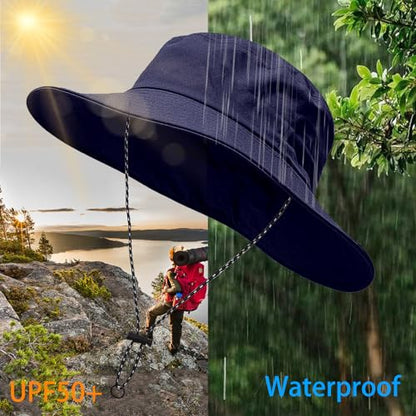 Bucket Rain Hat with Chin Strap Quick Dry Outdoor Bucket Hats for UV Protection Boonie Sun Hat Men Women - color: Navy
