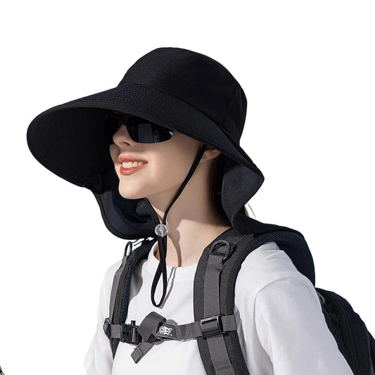 UV-Sun-Protection Wide-Brim-Sun-Hat for Womens - Foldable Sun-Bucket-Hat with Neckflap Summer Outdoor Safari Cap - color: Black