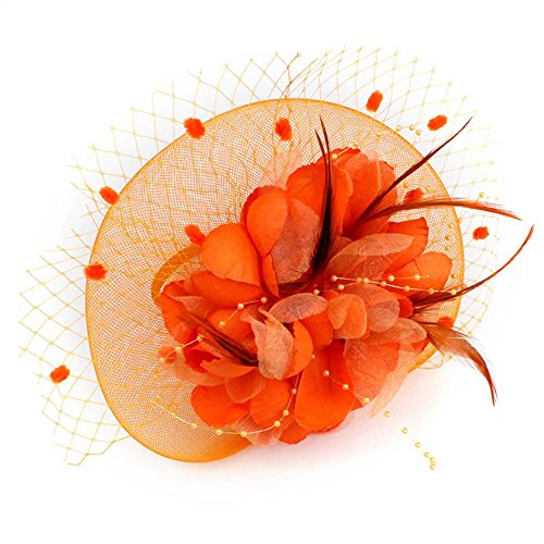 ACTLATI Fascinators Hat for Women Tea Party Headpiece Wedding Cocktail Flower Mesh Feathers Hair Clip 20s Flapper Fascinators - color: A9-orange