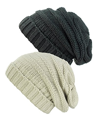 NYFASHION101 Oversized Baggy Slouchy Thick Winter Beanie Hat - color: Melange Gray & Beige