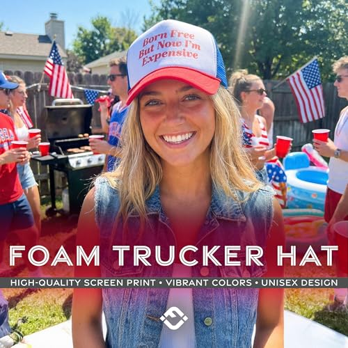 Funky Junque Premium Mesh Snapback Trucker Hat - Stylish Comfort for All - Patriotic, Humor & More - color: Born Free But Now Im Expensive - Red/White/Blue