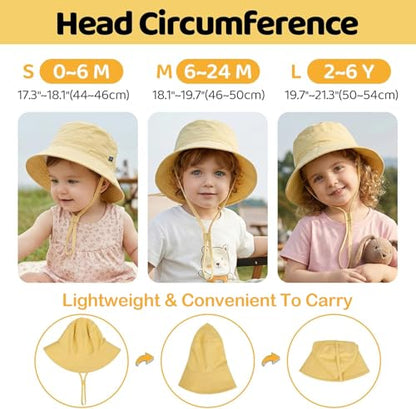 Toddler Bucket Hats UPF 50+ Baby Sun Hat Adjustable Kids Sun Protection Summer Hat Wide Brim Beach Hat for Boys Girls 0-6Y - color: Yellow, size: 0-6 Months