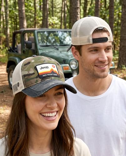 Jeep Have Fun Out There Patch Garment Washed Trucker Hat Unstructured for Men & Women - Adjustable Snapback Baseball Cap - color: Camo